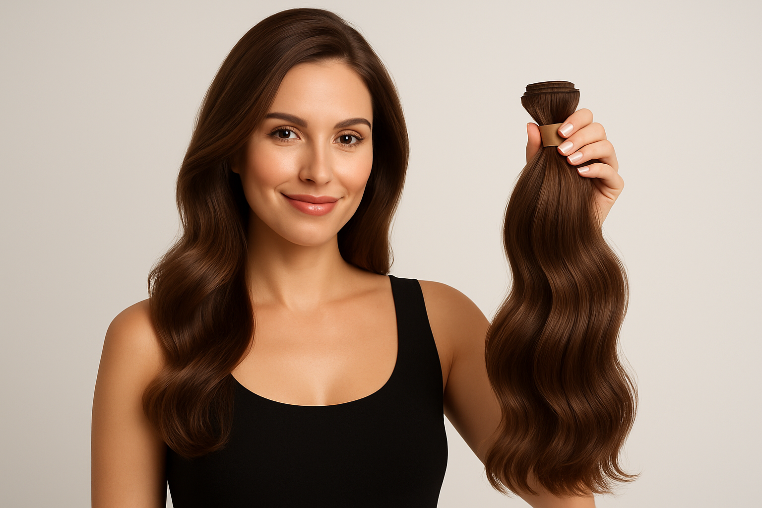 generate image of a white beautiful lady showing a product like wig or related product of our store